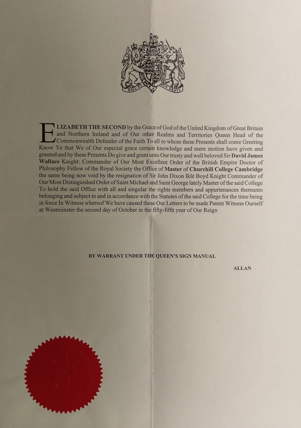 Royal Warrant appointing Sir David Wallace as Master